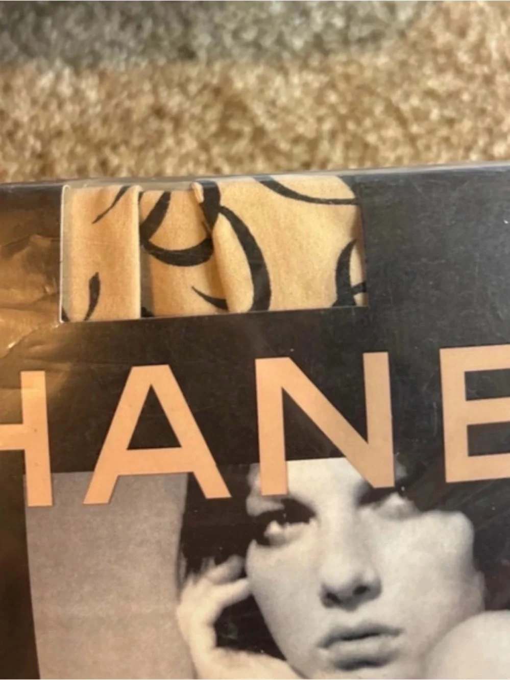Vintage Chanel pattern tights in tan and black